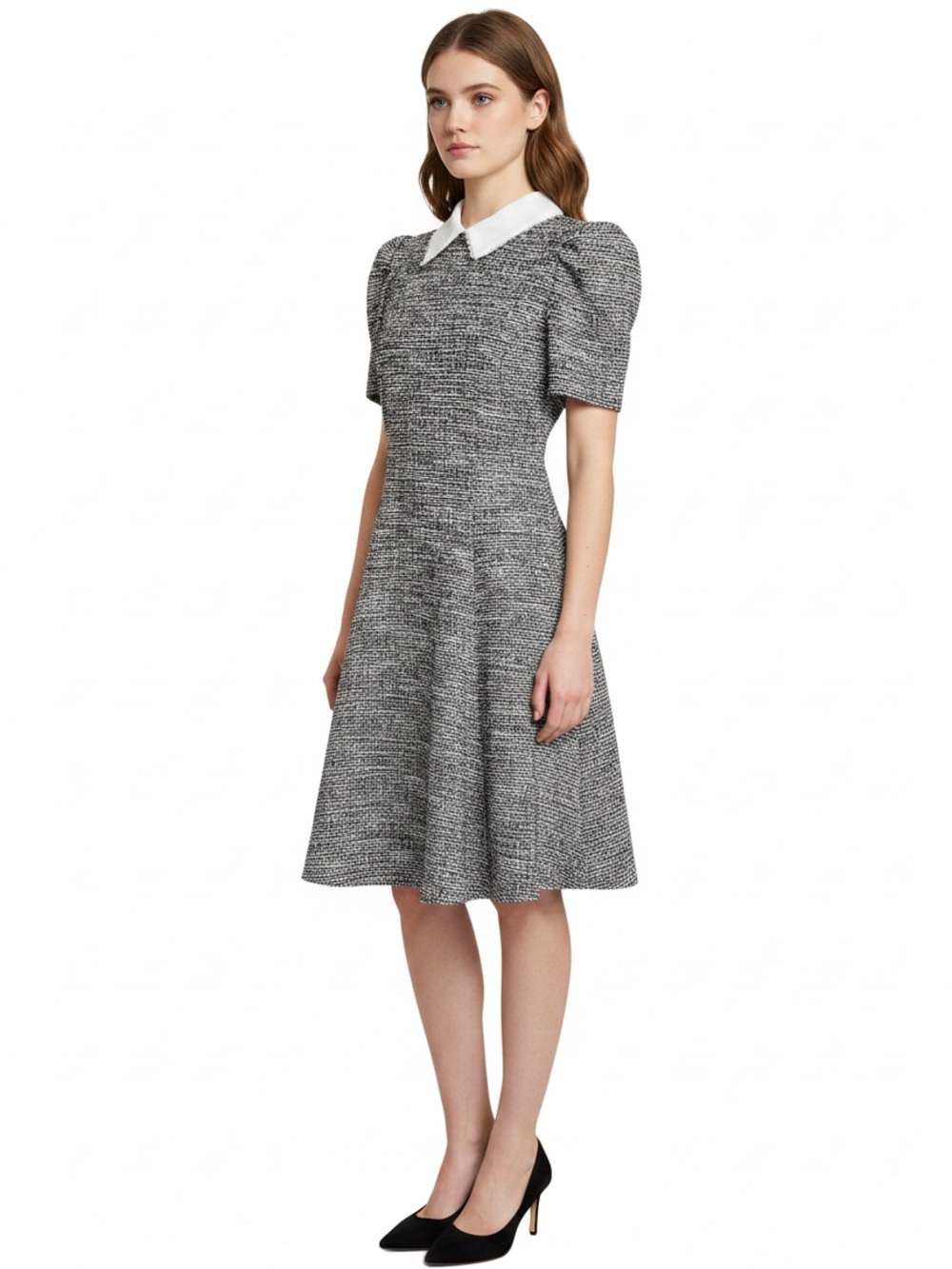 KARL LAGERFELD Knit Tweed A Line Dress pearl collar short sleeve black white 4